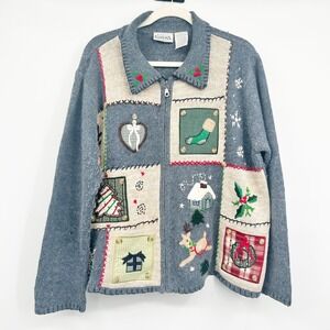 Basic Editions Womens Vintage Festive Kitschy Christmas Patchwork Zip Sweater XL
